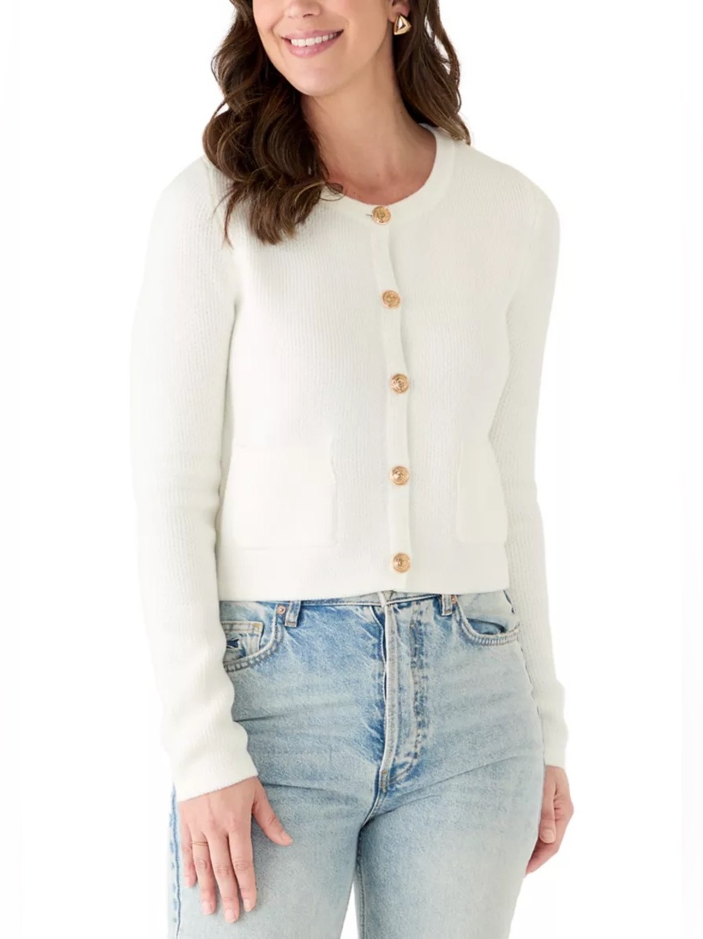 French Connection Gold Button Babysoft Cardigan in Cream